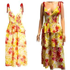 4SI3NNA Tiered Floral Midi Dress SMALL